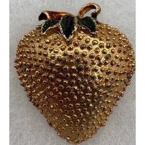 Vintage Gold Tone Strawberry Brooch Textured Fruit Pin with Green Enamel Leaves